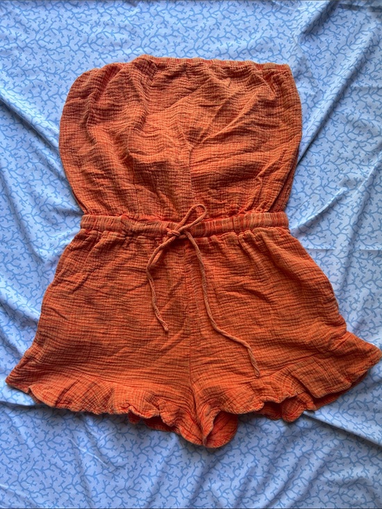 heyson Pants - Strapless Orange Ruffle-Hem Romper